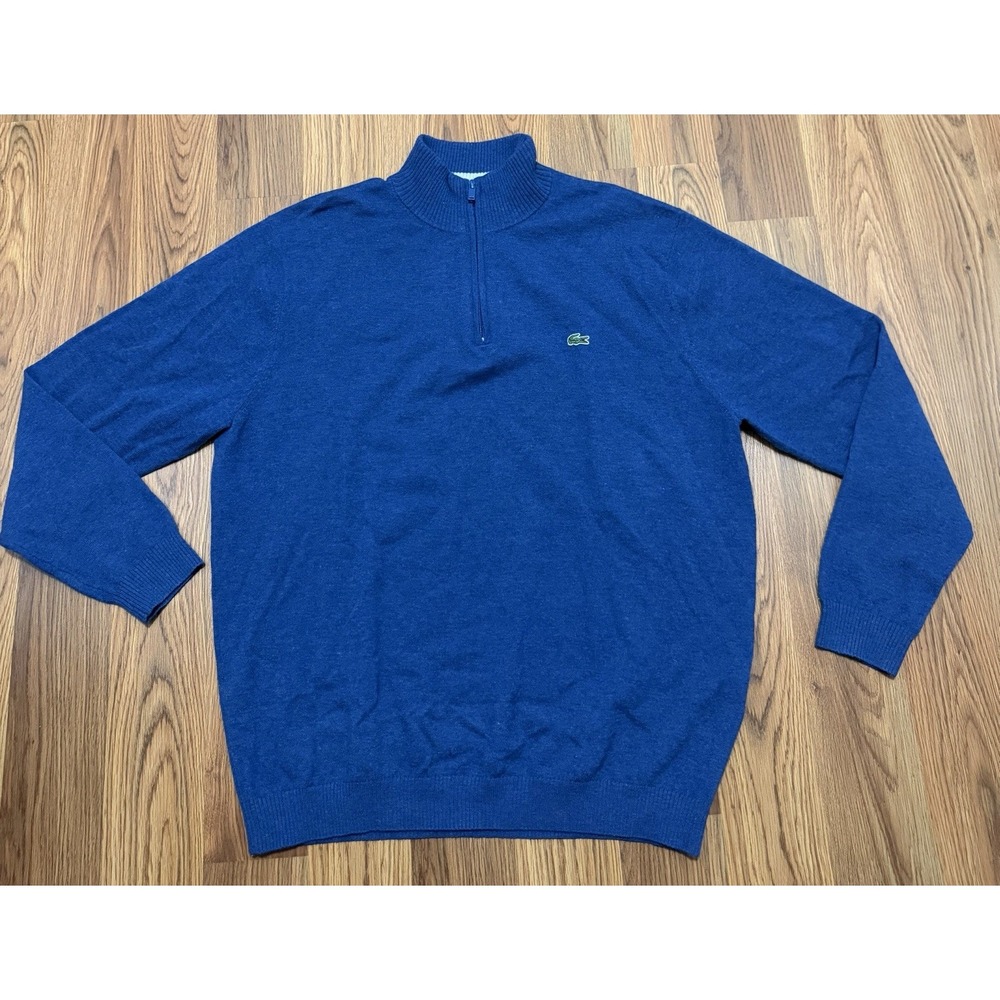 Lacoste Sweater Mens Extra Large Pure New Wool Quarter Zip Blue Mock Neck